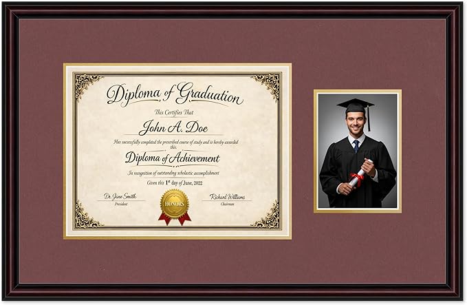 Diploma Frame With Photo Opening Executive Brown Dark Red Over Gold Mat - Fits 13 x 10 Degree and Picture Made in the USA
