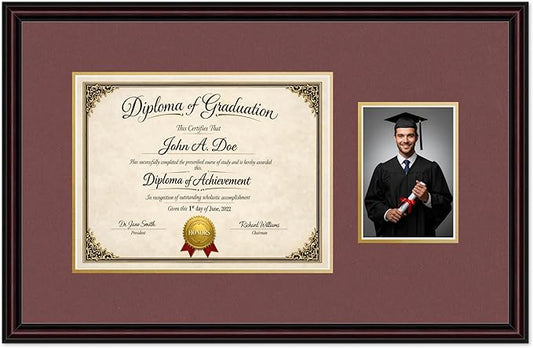 Diploma Frame With Photo Opening Executive Brown Dark Red Over Gold Mat - Fits 13 x 10 Degree and Picture Made in the USA