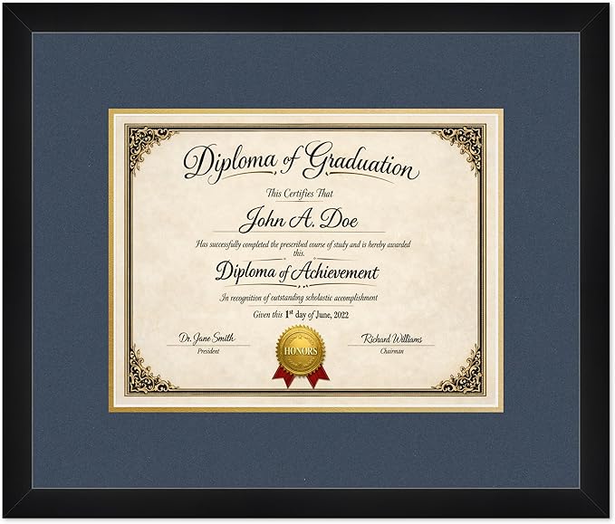 Diploma Frame Matte Black with Navy Blue Over Gold Double Mat - Fits 13 x 10 College Diploma (Traditional) Wall Display Made in the USA