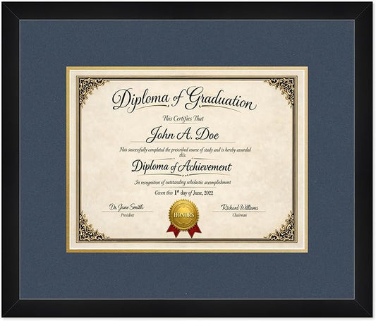 Diploma Frame Matte Black with Navy Blue Over Gold Double Mat - Fits 13 x 10 College Diploma (Traditional) Wall Display Made in the USA