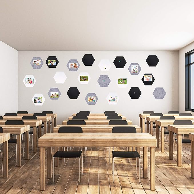 21 Pieces Pin Board Hexagon Felt Board Tiles Bulletin Board Memo Board Notice Board with 40 Pieces Push Pins for Home Office Classroom Wall Decor 5.9 x 7 Inches/ 15 x 17.7 cm (Black, White, Grey)
