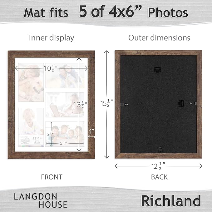 Langdon House 11x14 Collage Picture Frames w/Mat for 5-4x6 Photos (Rustic Brown, 6 Pack) Traditional Wood-Like Photo Frames for any Décor Style, Richland Collection