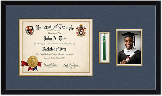 CountryArtHouse Diploma Tassel and Photo Shadowbox Fits 14 x 11 College Diploma (Modern) with Tassel Ho Matte Black Genuine Hardwood with Navy Blue Over Metallic Gold Double mat