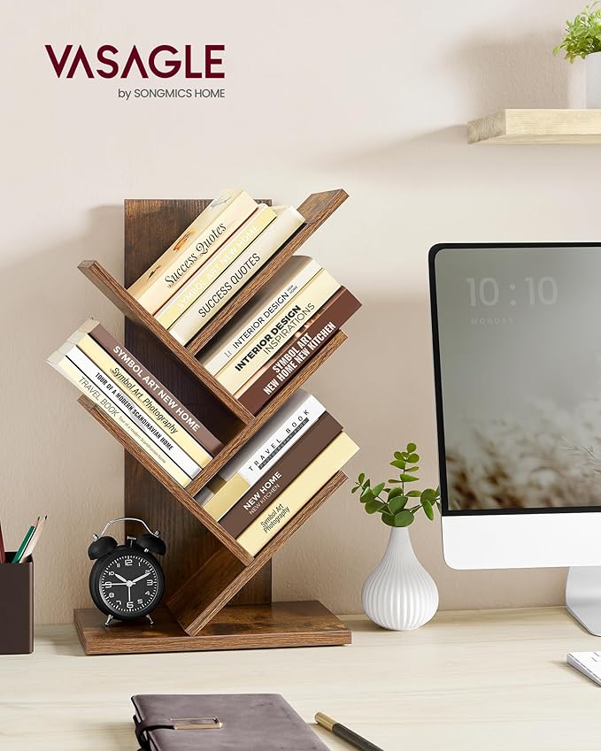 VASAGLE Tree Bookshelf, 5-Tier Bookcase, Small Bookshelf, Space-Saving Corner Shelf, Book Tree, Holds Books, CDs, Games, for Bedroom, Living Room, Home Office, Rustic Brown ULBC183X01