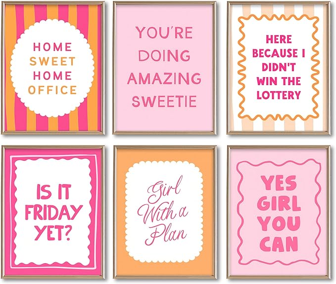 6Pcs Pink Inspirational Wall Art Contemporary Home Workspace Wall Decor Pictures Yes, you can Motivational Quotes Phrases Poster Prints for Bedroom Apartment Home Decoration 12x16inch unframed