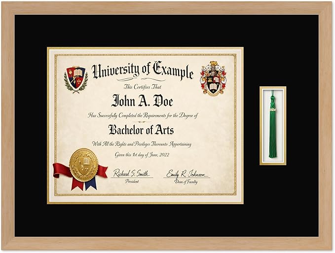 CountryArtHouse Diploma and Tassel Frame Fits 15 x 12 Military/Government with Tassel Hook Natural Wood Genuine Hardwood Shadowbox with Black Over Metallic Gold Double mat