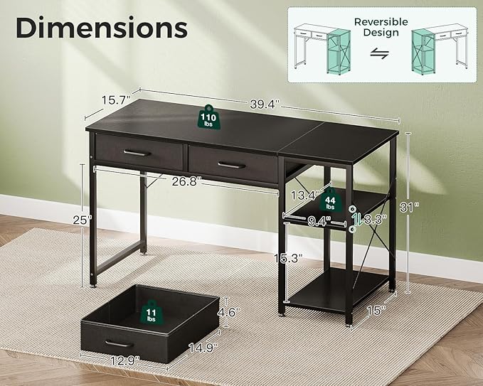 Coleshome Small Computer Desk with Drawers, 40 Inch Reversible Home Office Desk with Storage Shelves, Study Laptop Desk for Bedroom Small Space, Black