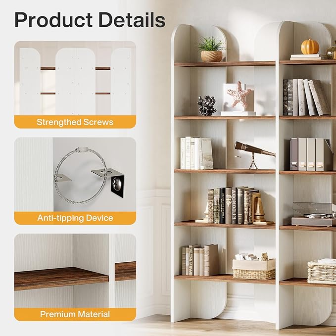 Tribesigns 5-Tier Farmhouse Bookshelf, 70.87-Inch Tall Double Wide Bookcase with Open Shelves, Vintage Floor Standing Book Shelf (2, White+Brown)