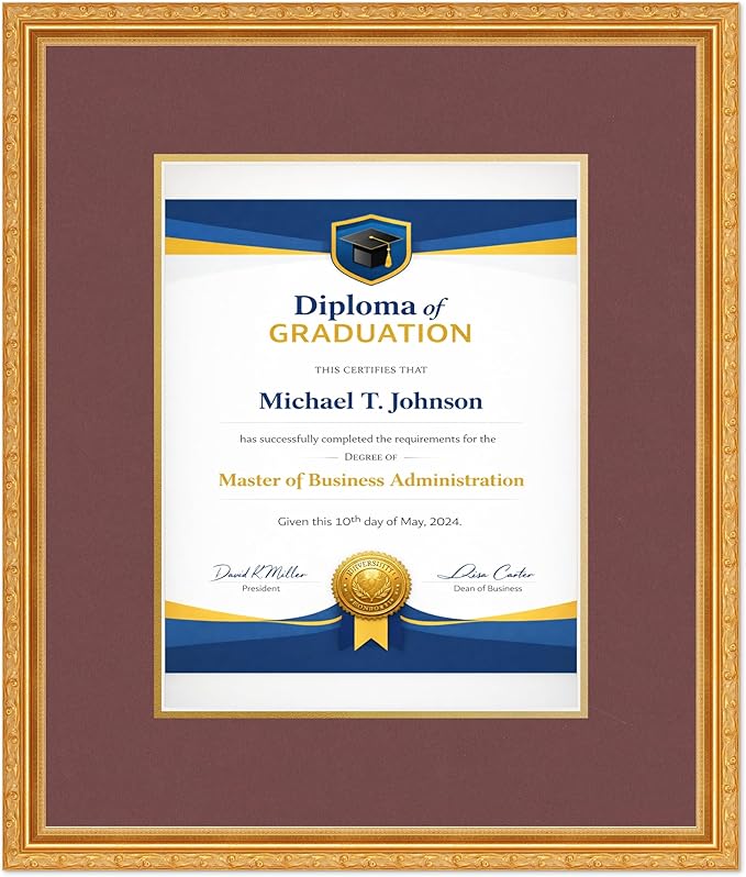 Diploma Frame Museum Gold with Dark Red Over Gold Double Mat - Fits 10 x 13 College Diploma (Portrait Traditional) Wall Display Made in the USA