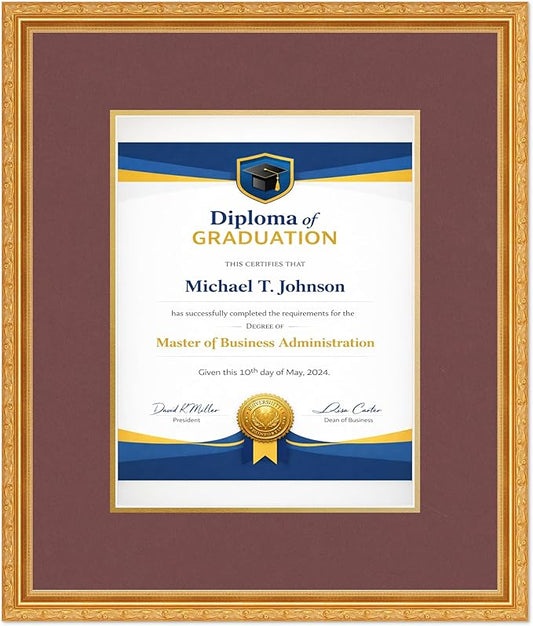 Diploma Frame Museum Gold with Dark Red Over Gold Double Mat - Fits 10 x 13 College Diploma (Portrait Traditional) Wall Display Made in the USA