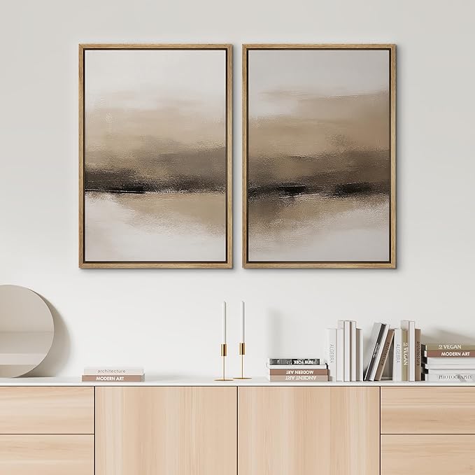 SIGNWIN Framed Canvas Print Wall Art Set Beige and Black Neutral Abstract Landscape Minimalist Illustrations Modern Art Decorative Multicolor for Living Room, Bedroom, Office - 24"x36"x2 Natural
