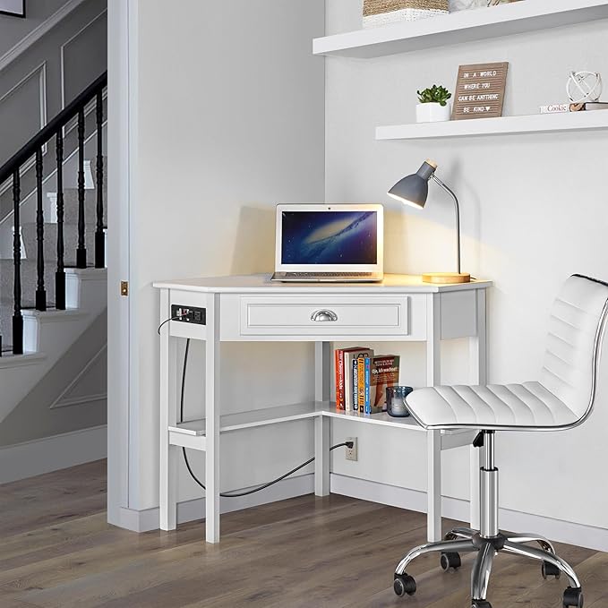 Yaheetech L Shaped Corner Computer Desk with Power Outlets, Reversible Triangle Workstation with USB Ports and Hook for Small Space, Modern Home Office Desk Gaming Table with Drawer & Shelf, White