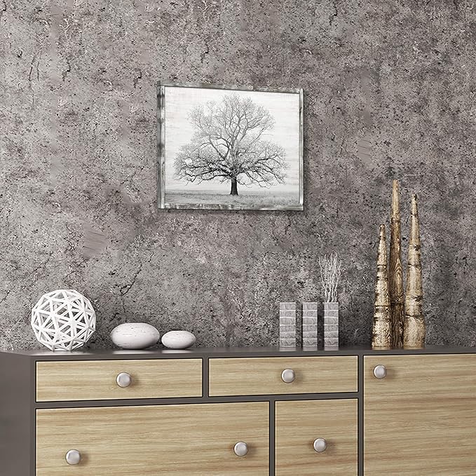 Wooden Winter Tree Wall Art: Farmhouse Foggy Landscape Picture Painting Print on Natural Wood with Handcrafted Rustic Wooden Framed Artwork (16” x 12”)