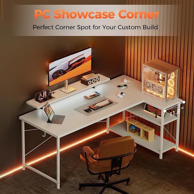 Mericonia Small L Shaped Computer Desk with Power Outlets, Reversible Gaming Desk with Storage Shelves & Monitor Stand, Corner Gamer Desk Table, Study Writing Table