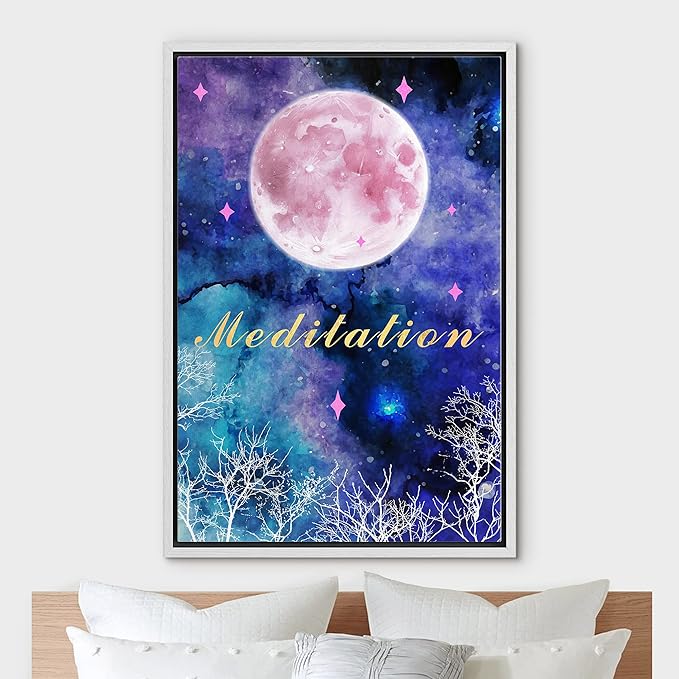 IDEA4WALL Framed Canvas Print Wall Art Meditation Watercolor Galaxy with Pink Moon Astronomy & Space Sky Illustrations Modern Art Glam Colorful for Living Room, Bedroom, Office - 16"x24" WHITE
