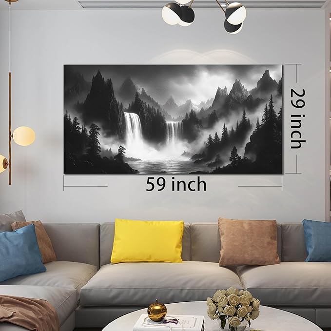 Waterfall Living Room Pictures Wall Decor - Black and White Mountain Wall Art for Bedroom - Large Canvas Wall Art for Office Size 29" x 59"