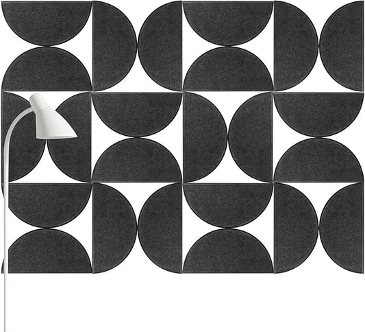 24 Pack Decorative Bulletin Board Felt Wall Tiles Bulk 11.8"x5.9" Semi-Circle Large Wall Art with Removable Adhesive Tabs for Customizable DIY Home Office Decoration Gift (Black)