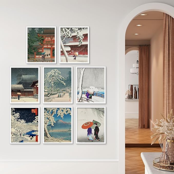 SIGNWIN Framed Poster Wall Art Set of Two Women in The Rain, Two Women in The Snow, Walking by a Temple on a Snowy Day for Living Room, Bedroom, Office - 8"x10"x 8 White
