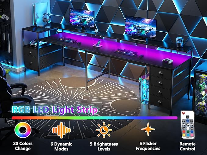 Furologee 95" Two Person Computer Gaming Desk, Long 2 Person Home Office Desk with 6 Drawers & Storage Shelves, Double Table with Power Outlets, LED Lights and Full Monitor Shelf, Black