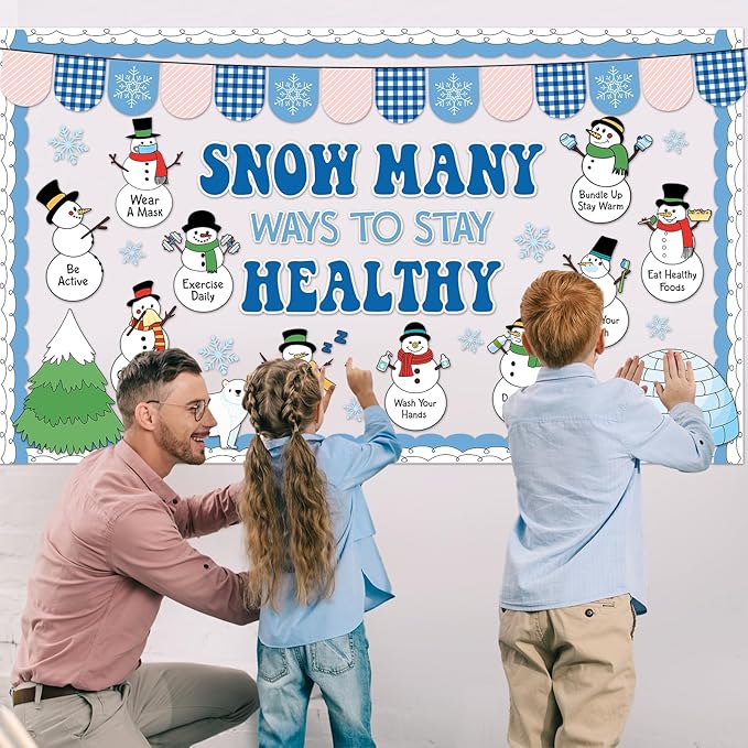 Winter Health Bulletin Board Decorations Set Christmas Snowman Bulletin Board Snowflake Snow Many Ways to Stay Healthy Habits Cutouts Classroom Decor for School Wall Decoration Supplies