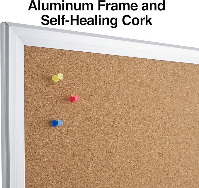 Staples Cork Bulletin Board with Aluminum Frame, 3 x 2 ft Vertical or Horizontal Mount Self Healing Bulletin Board for Home Office and Classroom