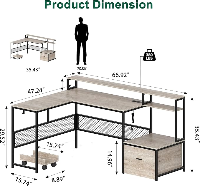L Shaped Desk with Drawers, 66" Home Office Desk with Power Outlet and Led Strip, Computer Desk with Storage Shelves & Monitor Stand, Large Corner Desk Gaming Desk, Grey
