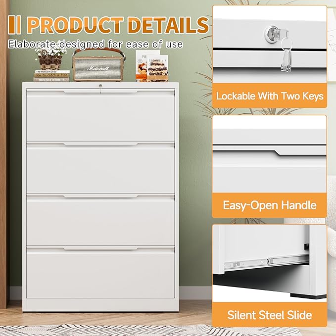 4-Drawer Metal File Cabinet with Lock,Steel Printer Stand with Storage for Home Office,Lateral Filing Cabinet for Legal/Letter/A4 Files,Assembly Required(35.43''W-4 Drawers,White)