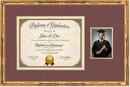 Diploma Frame With Photo Opening Gold Bamboo Dark Red Over Gold Mat - Fits 15 x 12 Degree and Picture Made in the USA
