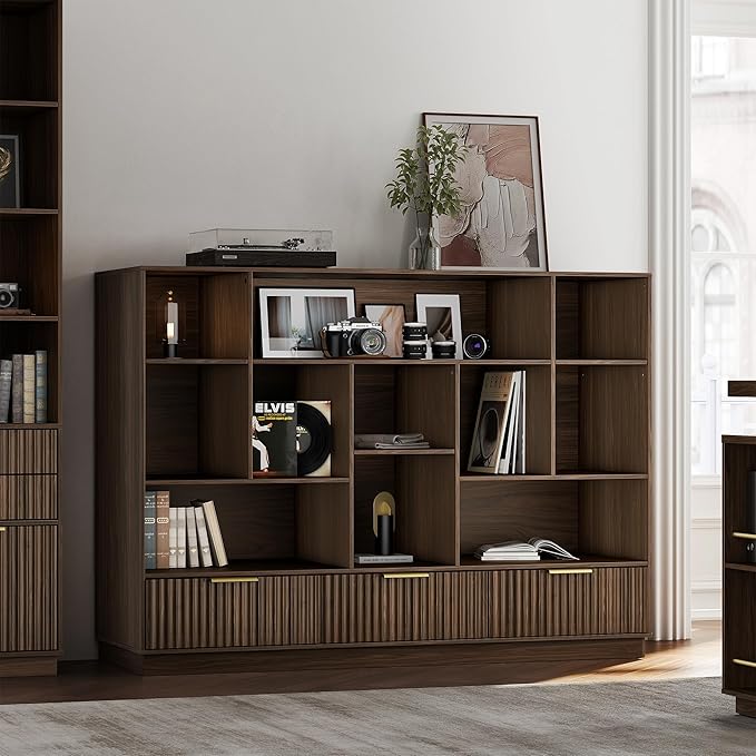 Bookshelf and Bookcase with 3 Drawers, 4-Tier Fluted Wide Bookshelf with Storage, Floor Standing Display Storage Shelves, Wooden Book Shelf for Home Office, Living Room, Black Walnut