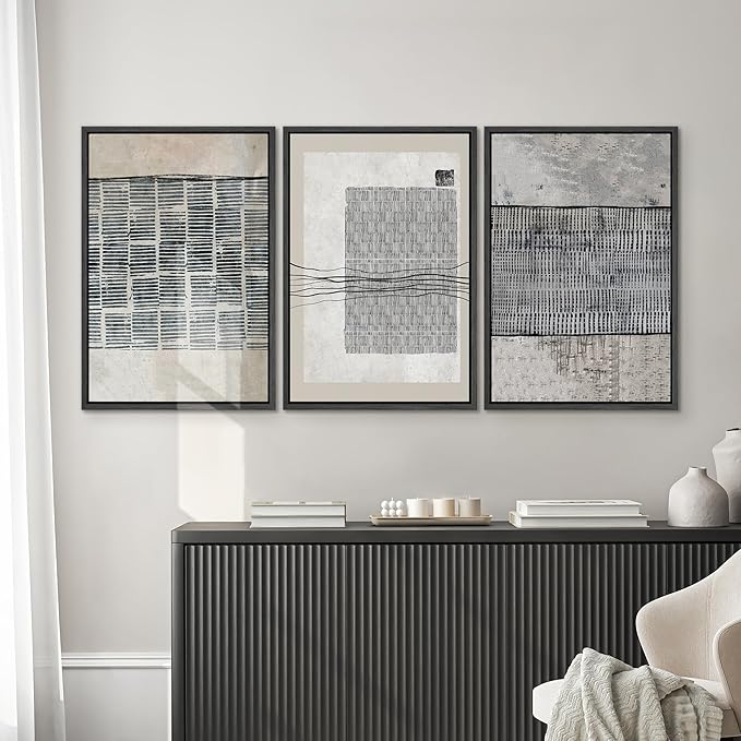 SIGNWIN Framed Canvas Print Wall Art Set Black Tan Industrial Line Art Pattern Abstract Shapes Cozy Neutral Decorative Contemporary Minimal for Living Room, Bedroom, Office - 16"x24"x3 Black