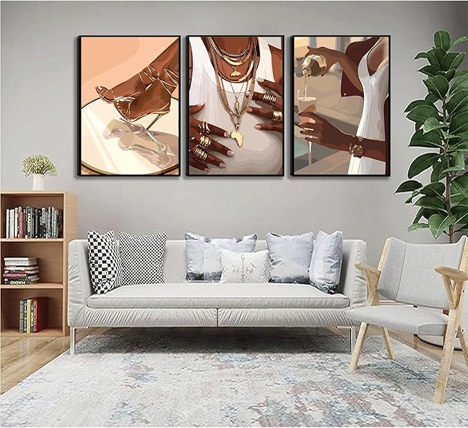 3PCS Black Woman Canvas Wall Art,Black Girl Poster Fashion Girl Abstract Pictures Prints Boho Black Female Paintings African American Woman for Nordic Minimalist Room Bedroom Wall Decor Unframed