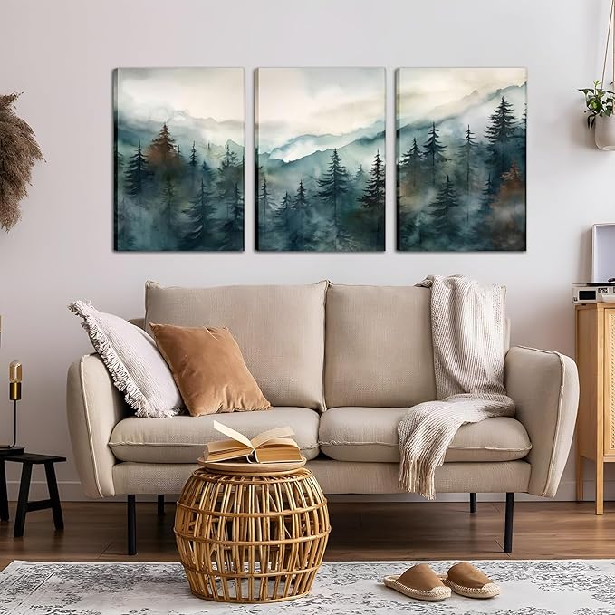 AKWISH Framed Green Forest Canvas Wall Art Set of 3, Boho Misty Watercolor Pine Tree Wall Decor Art, Nature Scenery Foggy Mountain Posters Prints for Living Room, Bedroom, Office 16x24 In