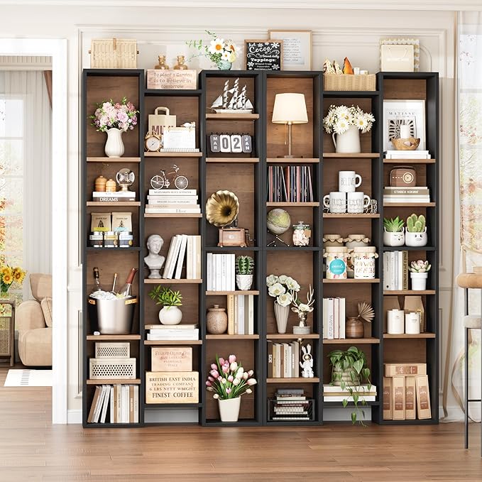 FOTOSOK 71'' Tall Bookshelf with 21 Cubes, 8 Tier Triple Wide Bookshelf with 8 Adjustable Shelves, 35" Large Bookcase DVD/CD Media Tower Storage, Freestanding Display Shelf Cabinet, Black/Brown