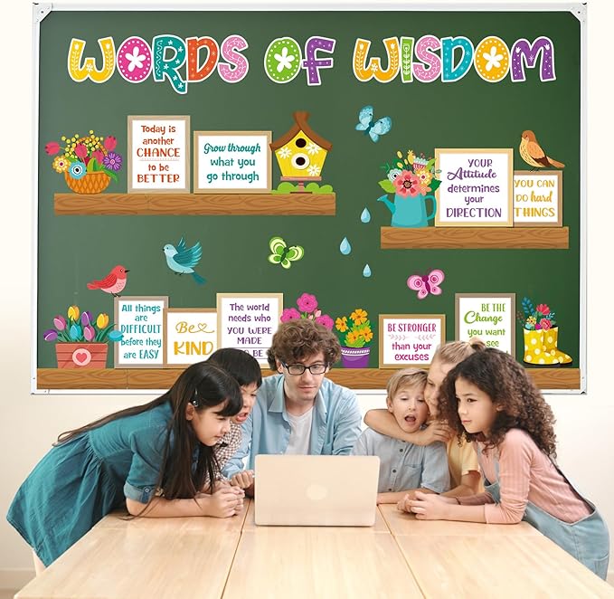 Supervitae 48 Pcs Spring Bulletin Board Decor Bookshelf Potted Plant Bulletin Board Set Colorful Motivational Cutouts Positive Saying Accents Signs for Back to School Supplies Wall Chalkboard Decor