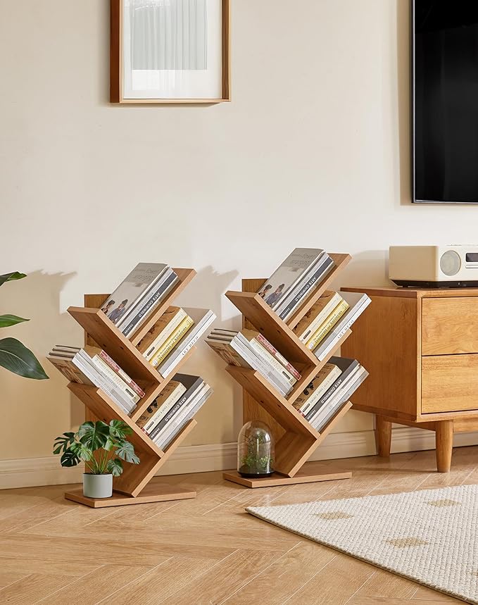 YMYNY 4 Tier Tree Bookshelf, Small Bookcase, Modern Wood Book Storage Rack, Freestanding Book Shelf for Books/Movies/CDs, Narrow Display Rack for Living Room, Home Office, Light Oak UHBC014K