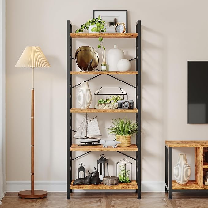 Book Shelf, Industrial 5 Tier Tall Bookshelf, Modern Display Storage Shelves with Metal Frame and Sidebars, Bookcase for Bedroom, Living Room and Home Office, Rustic Brown
