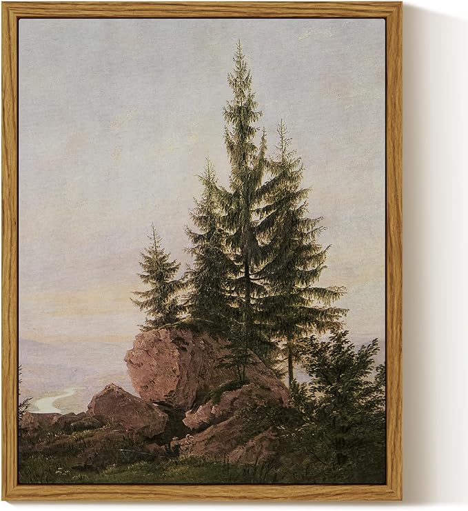 InSimSea Framed Canvas Print Art, Vintage Rocky Pine Forest Landscape Painting, Rustic Farmhouse Cottage Decor for Hallway Wall Floating Shelf Desk Vanity Fireplace,10x8in, Neutral Tones