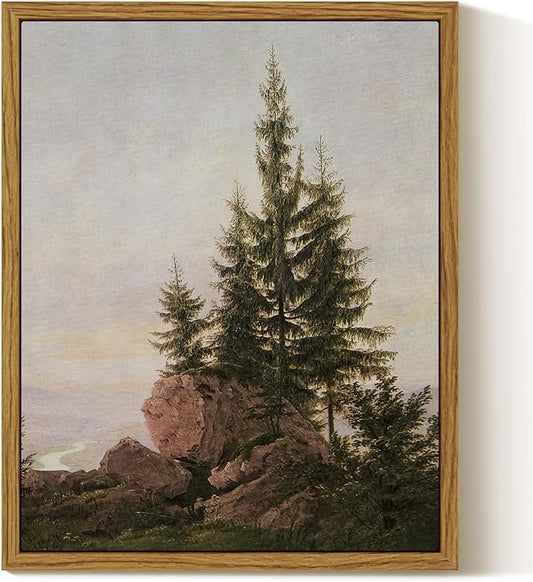 InSimSea Framed Canvas Print Art, Vintage Rocky Pine Forest Landscape Painting, Rustic Farmhouse Cottage Decor for Hallway Wall Floating Shelf Desk Vanity Fireplace,10x8in, Neutral Tones