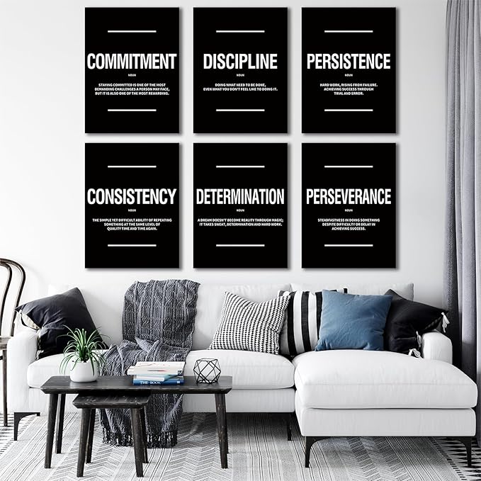 COSCTOR Set of 6 Motivational Wall Art Decor Inspirational Quotes Framed Canvas Black and White Pictures for Workplace Office Garage Gym Classroom Bedroom(Framed,12x16)