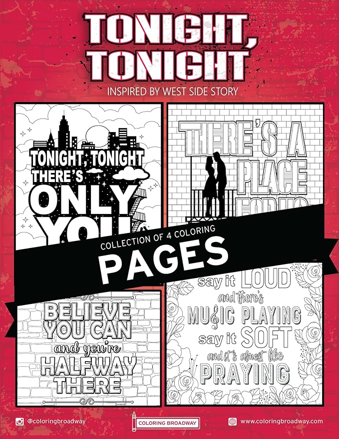 Coloring Broadway - West Side Story Inspired Coloring Pages (Set of 4), Tonight, Tonight Musical Merchandise, Printed on Matte Card Stock (8 1/2” x 11”), Ideal Gift for a Broadway Theater Lover