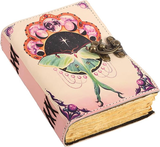 TUZECH Book of Spells Leather Bound Journal Deckle Edge Paper Grimoire Printed Diary Third Eye witchcraft supply and Witch Spell Notebook Antique Vintage Book for Men and Women (Pink Luna Moth)