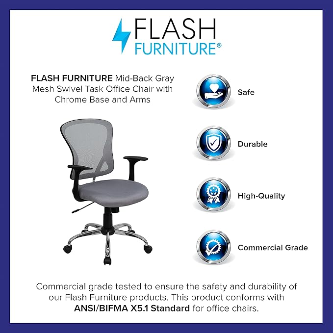 Flash Furniture Alfred Mid-Back Gray Mesh Swivel Task Office Chair with Chrome Base and Arms