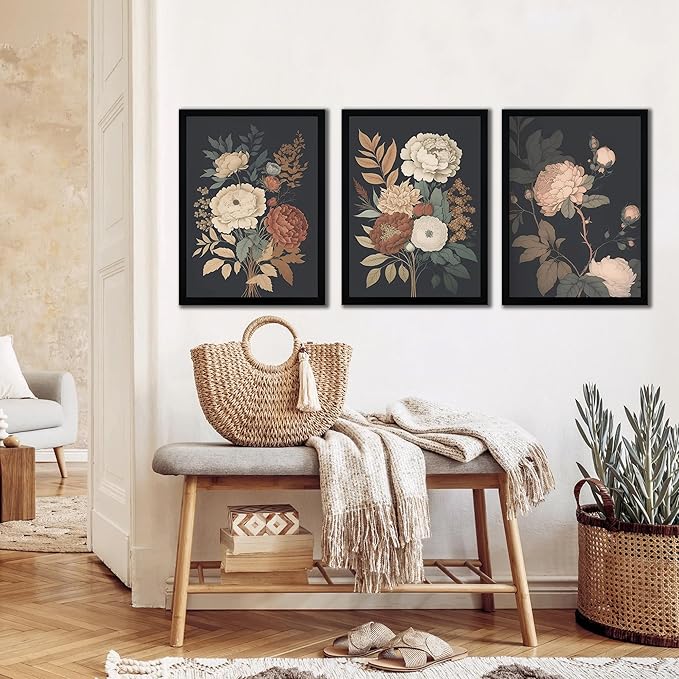Wall Art Floral Prints Set of 3 Vintage Botanical Wall Decor for Living Room Bedroom Office Art Prints 12x16 Inches Wood Framed Easy to Hang