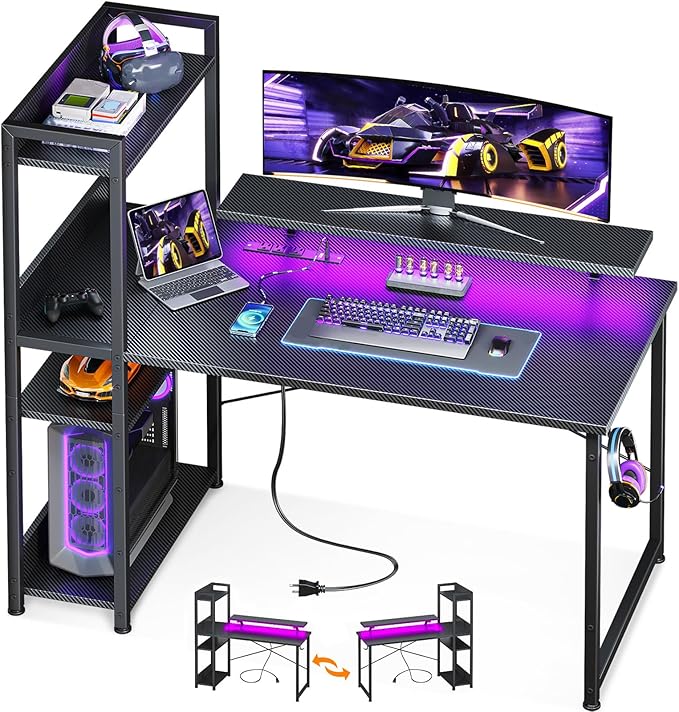 ODK Reversible Gaming Desk LED Lights, 40 Inch Computer Desk with Storage Shelves & Monitor Stand, Study Table for Home Office, Small Space Bedroom, Carbon Fiber Black