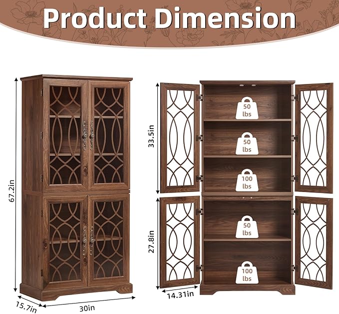 67" Tall Bookshelf Set of 3, Vintage Book Shelf with Glass Doors, 5-Tier Wood Bookcase w/Adjustable Storage Shelves, Freestanding Rustic Curio Display Cabinet for Living Room, Office, Brown