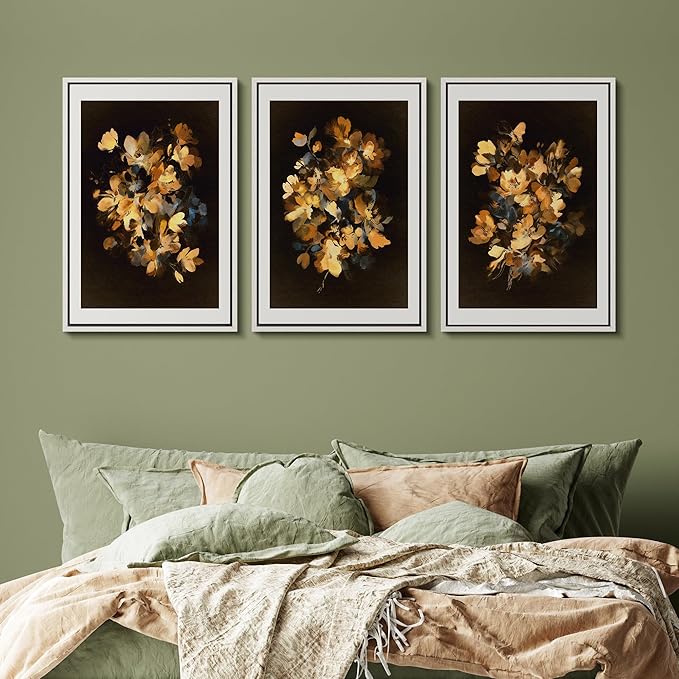 SIGNFORD Framed Wall Art Print Set Golden Blossom Watercolor Floral Warm Botanical Digital Art Modern Art Contemporary for Living Room, Bedroom, Office - 24"x36"x3 WHITE