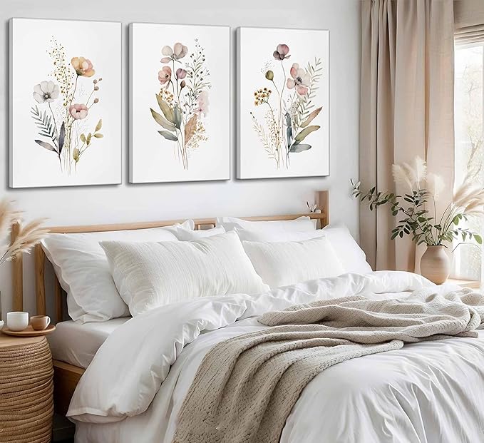 3Pcs Watercolor Wildflower Canvas Wall Art Modern Minimalist Colorful Botanical Floral Painting Pictures Wall Decor Flower Posters Print Artwork for Living Room Bedroom Woman's room Home Decoration