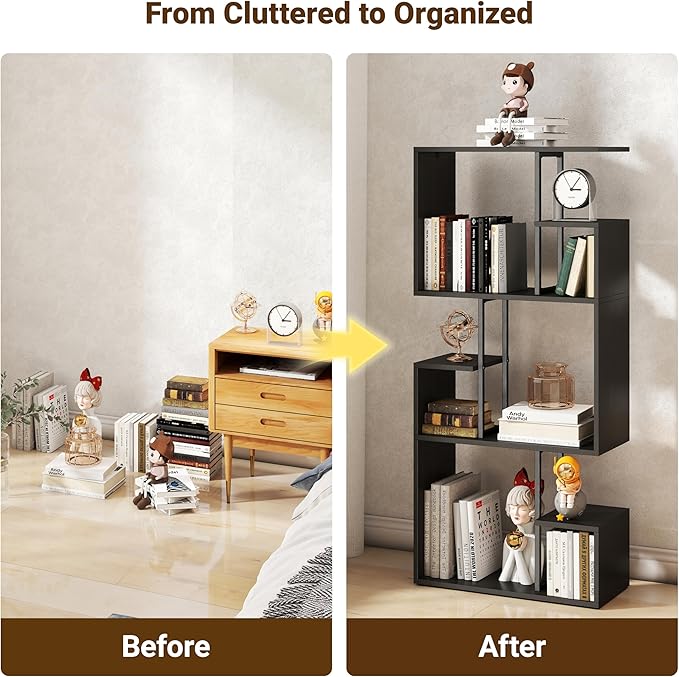 Manora 3 Tier Geometric Bookcase, S Shaped Bookshelf, Modern Black Brown Bookcase with Tall Display Shelves, Decorative Storage Shelf for Living Room and Bedroom
