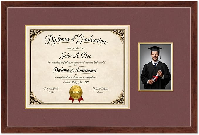 Diploma Frame With Photo Opening Rustic Walnut Dark Red Over Gold Mat - Fits 15 x 12 Degree and Picture Made in the USA