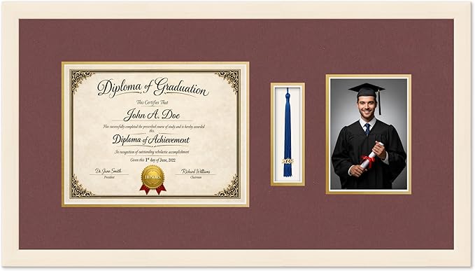 Diploma Tassel and Photo Frame Coastal Whitewash Shadowbox Dark Red Over Gold Mat - Fits 11 x 8.5 Degree Picture Made in the USA